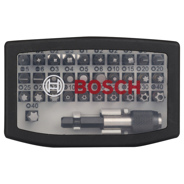Borrspetsset från Bosch i en plastlåda med olika bitstorlekar och en metallbithållare.