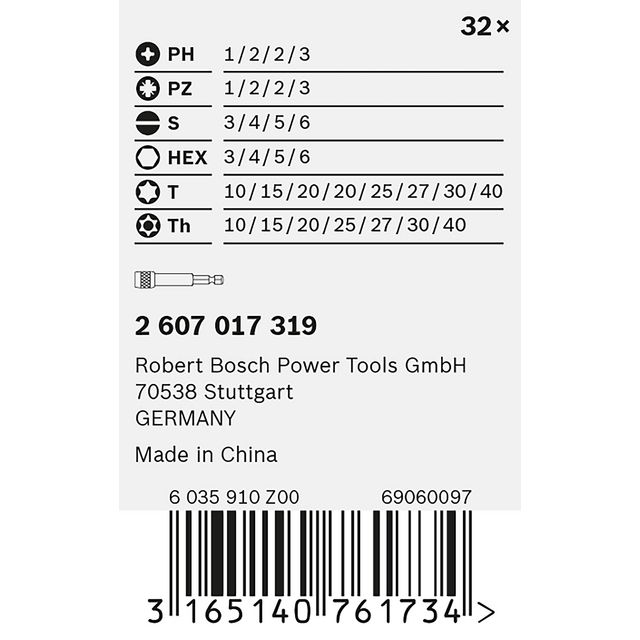 Etikett med skruvbitsstorlekar: PH, PZ, S, HEX, T, Th; företagsinfo: Robert Bosch Power Tools GmbH, Stuttgart, Made in China.