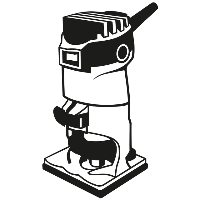 Illustration av en handöverfräs för träbearbetning, med handtag och justeringsknapp.