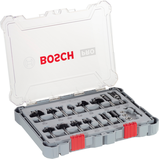 Plastlåda med Bosch-logotyp, innehållande flera borr- och skärverktyg organiserade i fack.