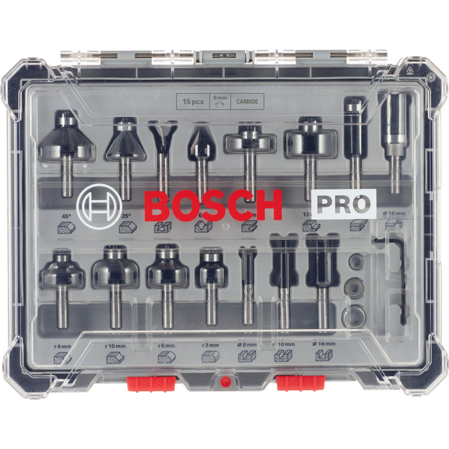Förpackning med 15 olika Bosch Pro-överfräsar i transparent plastlåda med text BOSCH PRO.