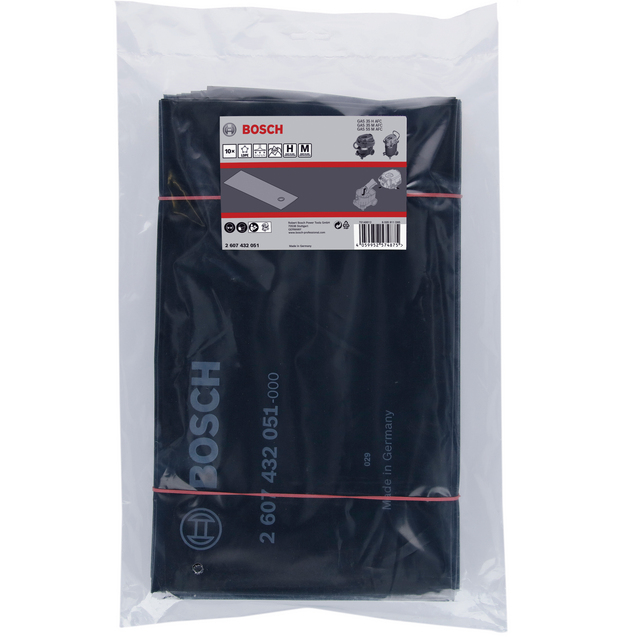 Förpackning med Bosch dammsugarpåsar, etikett med produktinformation och logotyper.