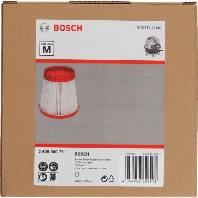 Förpackning med Bosch dammfilter, modell GAS 18V-12 MC, klass M. Tillverkat i Kina.