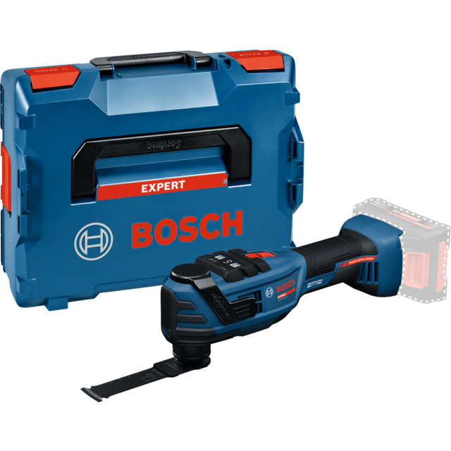 Multiverktyg med bladmärke Bosch Expert och blå förvaringsväska i bakgrunden.