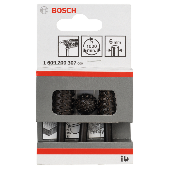Förpackning med Bosch slipverktyg, 6 mm, tre delar.