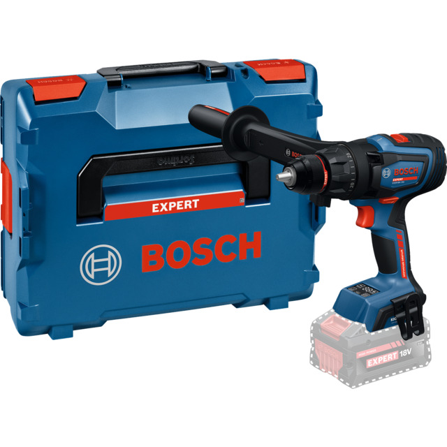 Blå Bosch borrskruvdragare med röda detaljer och handtag bredvid en blå verktygslåda med texten EXPERT.