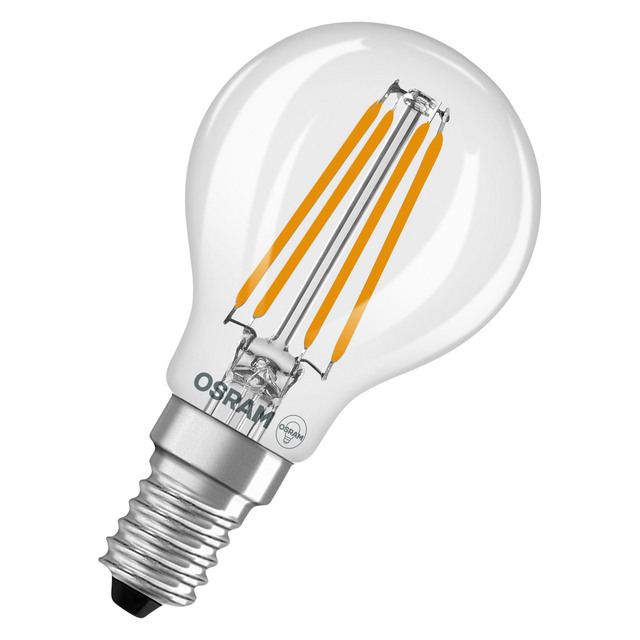 Klar LED-lampa med E14-sockel och guldfärgade trådar, märkt med texten OSRAM.