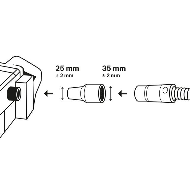 Illustration av ett kontaktdon med mått: 25 mm ± 2 mm och 35 mm ± 2 mm.