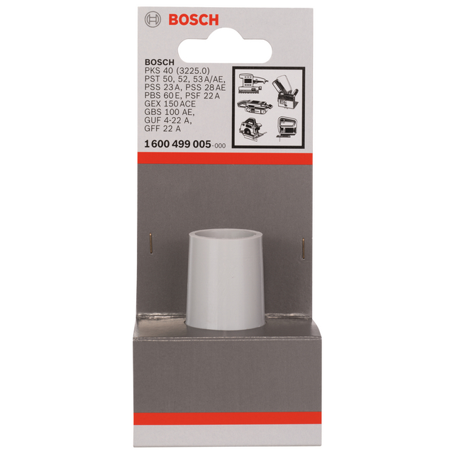 Förpackning med vitt plasttillbehör, märkt med Bosch och produktnummer 1600 499 005.