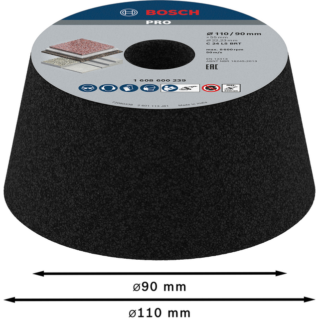 Konisk slipsten från Bosch, med måtten ø110/90 mm och grovhet 400.