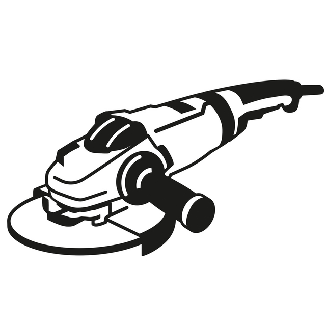 Illustration av en vinkelslipmaskin med handtag och skiva.