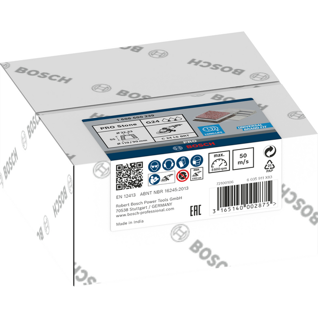 Förpackning med Bosch slipark PRO 93x230 mm, 50-pack, typ G24, ABN NBR 16245:2013, tillverkad i Indien.