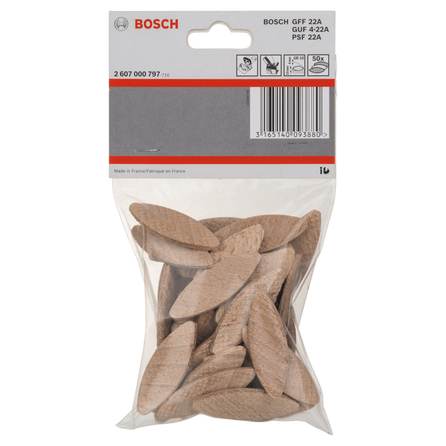 Paket med träkex från Bosch, modellnummer 2.607.000.797, etikett med streckkod och logotyp.