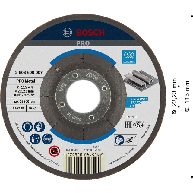 Rund sliptrissa från Bosch, diameter 115 mm och tjocklek 4 mm, för metallbearbetning, max 13,300 rpm.