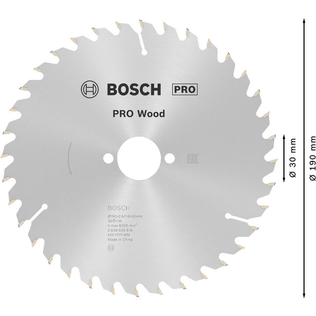Cirkelsågklinga med Bosch PRO Wood-etikett och dimensionerna Ø30 mm och Ø190 mm.
