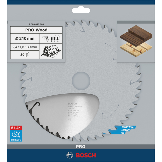 Cirkelklinga Bosch Pro Wood, diameter 210 mm, 30 tänder, för träbearbetning.
