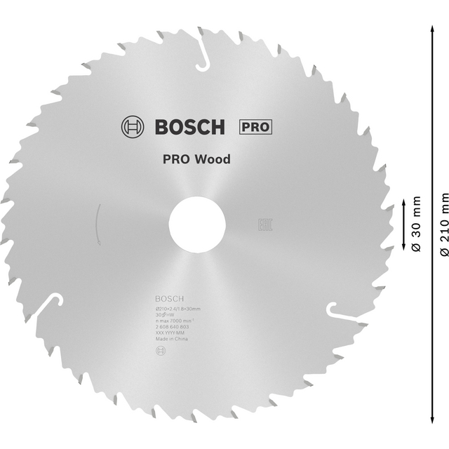 Cirkelsågblad med text Bosch PRO Wood, Ø 210 mm, Ø 30 mm, 210x30x1,8 mm, Made in China.