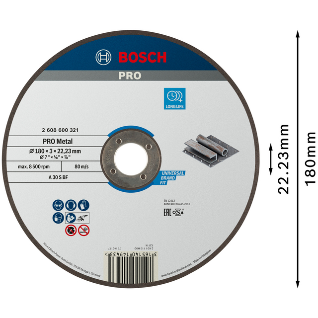 Rund kapskiva från Bosch Pro, 180 mm diameter, 22,23 mm hål. För metall. Maxhastighet 80 m/s, 8500 r/min.