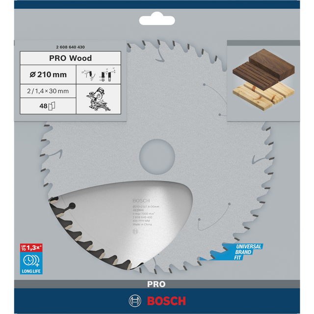 Rund sågklinga för trä, Bosch Pro Wood, diameter 210 mm, 48 tänder. Förpackning visar träexempel och teknisk text.