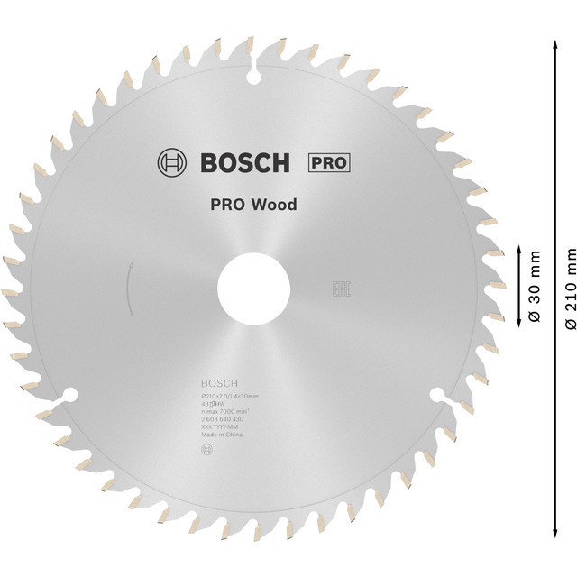 Cirkelsågblad från Bosch med märkningen PRO Wood, 210 mm diameter och 30 mm håldiameter.