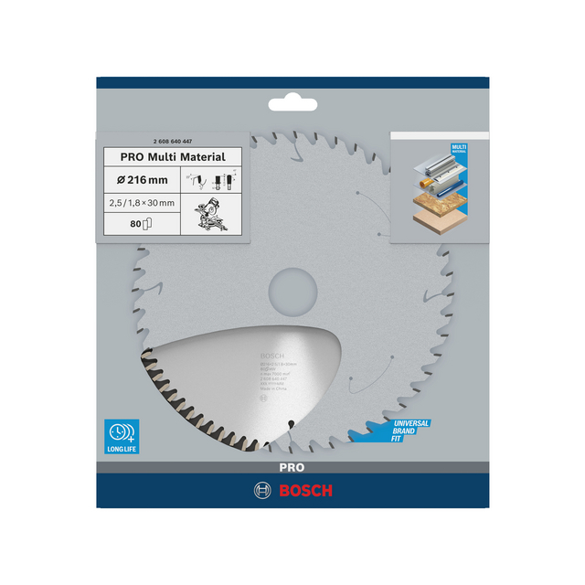 Förpackning med Bosch sågklinga, specifikationer: Ø 216 mm, 2,5/1,8x30 mm, 80 tänder, för universalt material.