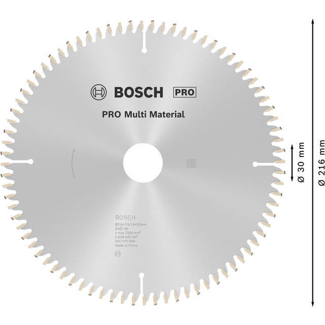 Cirkelsågklinga med Bosch-logotyp och texten PRO Multi Material, diameter 216 mm, 30 mm hål.