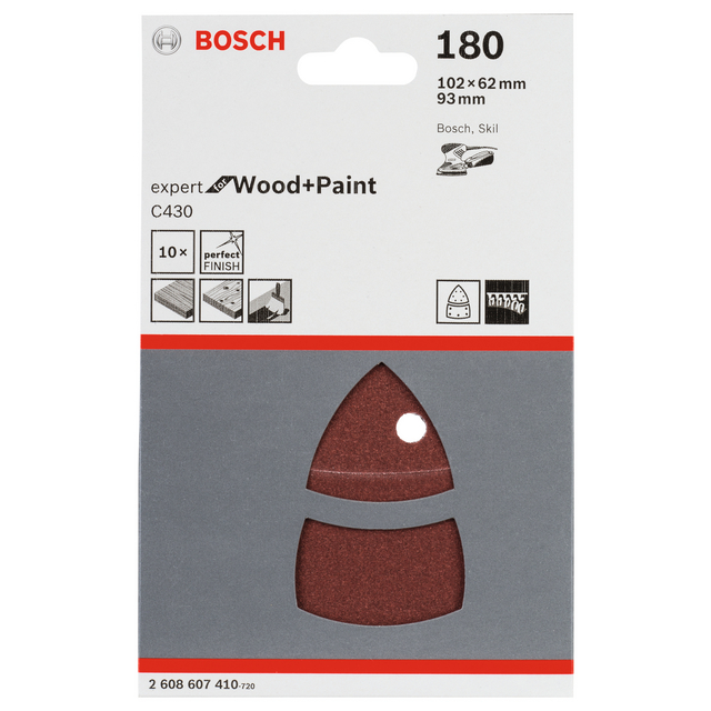Slippapper Bosch Wood+Paint, 180 korn, 10-pack, triangulär form, 102x62mm och 93mm storlek.