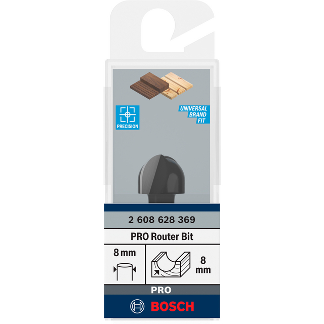 Förpackning med Bosch PRO frässtål, precision och universal brand fit, 8 mm.