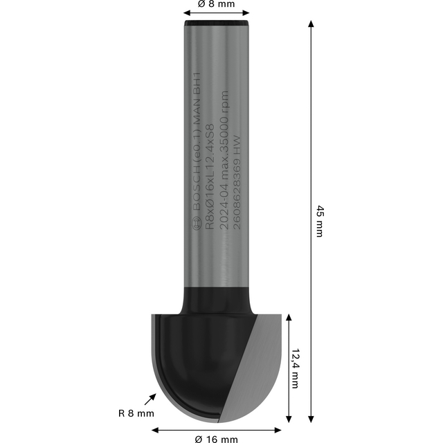 Stålfärgad skärbits med rundad spets; mått: Ø8 mm, Ø16 mm, R8 mm, 45 mm längd. Text: R8X16MM, 1/2 AS8.