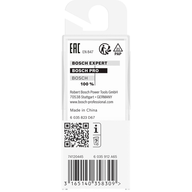 Förpackning med text: BOSCH EXPERT, BOSCH PRO, Made in China, QR-kod, streckkod 3165140358309.