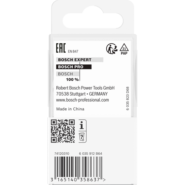 Förpackning med Bosch borrverktyg; text inkluderar kontaktinfo för Bosch Power Tools, EAN-kod, och QR-kod.