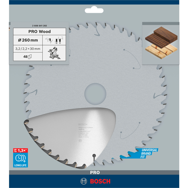 Cirkelsågblad för träbearbetning, diameter 260 mm, 48 tänder, Bosch-märke, Universal Brand Fit symbol, träprover.