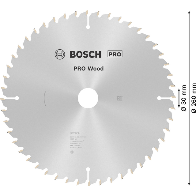 Cirkelsågblad av märket Bosch PRO Wood, med 30 tänder och en diameter på 260 mm.