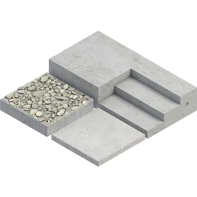 Betongblock i olika storlekar, ett med en grov yta av småsten.