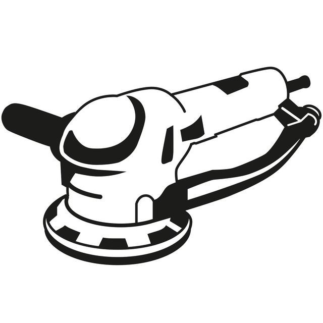 Illustration av en excenterslip med handtag och rund slipplatta.