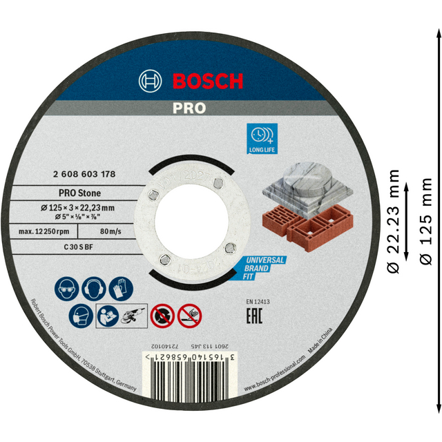 Rund kapskiva från Bosch med specifikationerna 125 x 3 x 22,23 mm, märkt för sten och lång livslängd.
