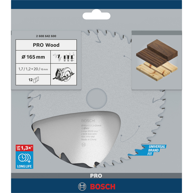 Förpackning av Bosch sågklinga för trä, 165 mm diameter, med bild på en träskarv.