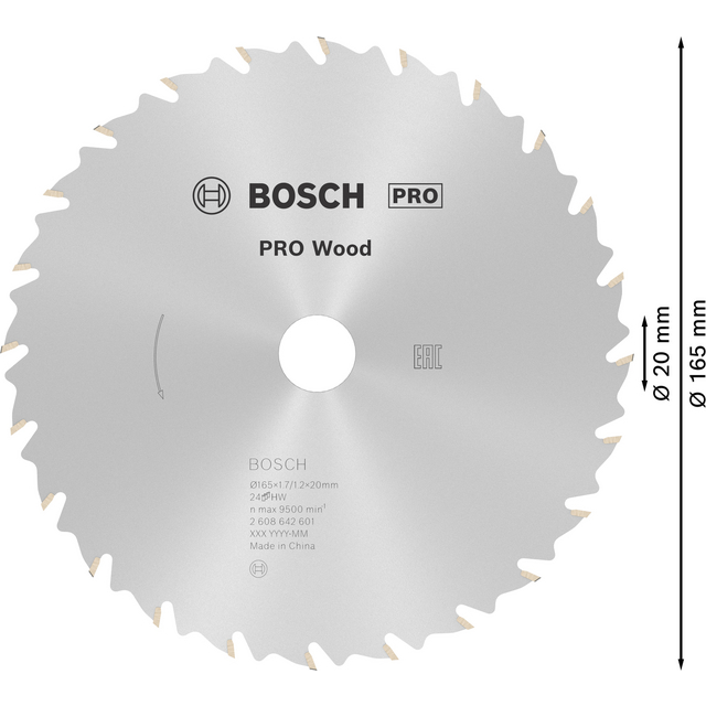 Cirkelsågblad för trä, Bosch PRO Wood, diameter 210 mm, text inklusive specifikationer och ursprungsland.