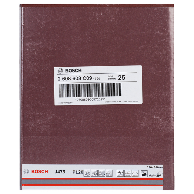 Brunt sandpapper från Bosch, etikett med text: 2 608 608 C09, Stock 25, J475 P120, 230x280mm.