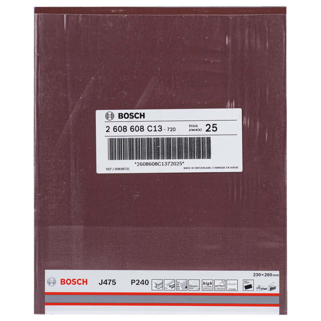 Slippapper från Bosch, J475, P240, 230x280 mm, 25-pack, artikelnummer: 2 608 608 C13.