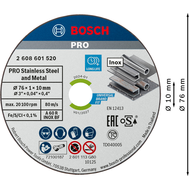 Bosch PRO-skiva för rostfritt stål och metall, Ø76 x 1 x 10 mm, max 20 100 rpm, tillverkad i Thailand.