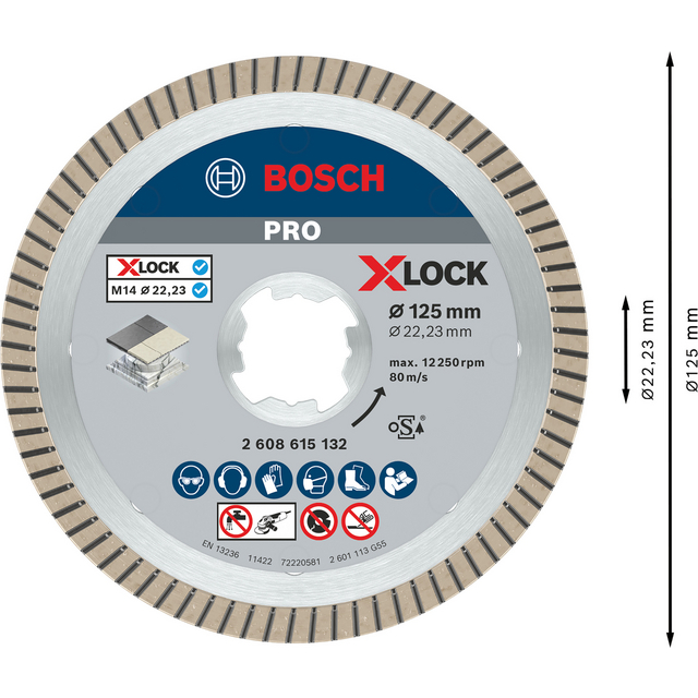 Diamantkapskiva Bosch Pro X-Lock, 125 mm i diameter, med säkerhets- och användningsinstruktioner samt artikelnummer.