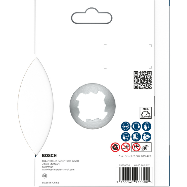 Verpackung von Bosch mit Kreisöffnung und QR-Code, Text: Stuttgart, Made in China, Symbole für Kompatibilität.