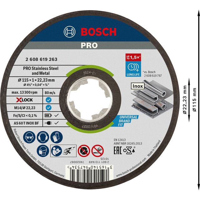 Rund kapskiva med Bosch-logotyp, texten PRO Stainless Steel and Metal, och dimensioner 115 x 22,23 mm.