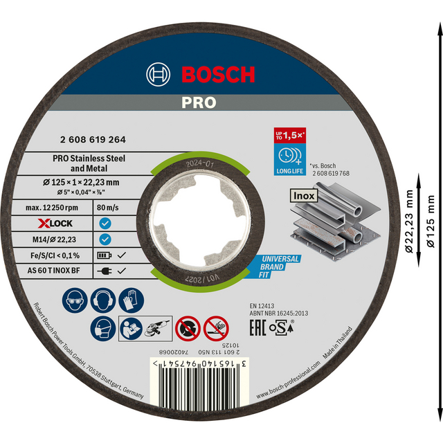 Rund kapskiva från Bosch med specifikationer och mått. Text: PRO Stainless Steel and Metal, Ø 125 x 1 x 22,23 mm.