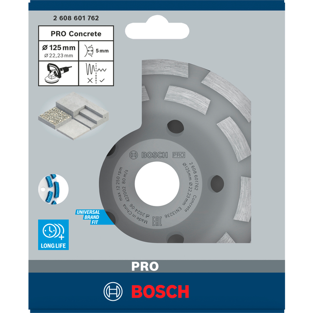 Förpackning med Bosch PRO Concrete diamantslipskiva, 125 mm i diameter, med illustrationer av användning på betong.