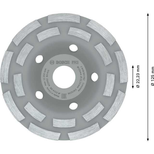 Diamantslipskiva med segmenterad kant, text: Bosch, Diamond Technology, Ø125 mm, Ø22.23 mm.