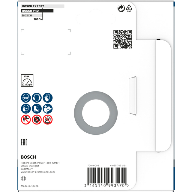 Förpackning med detaljer och symboler för Bosch-expertprodukter, inklusive QR-kod och adress.