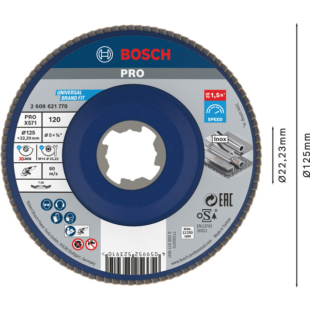 Rund sliprondell Bosch PRO med ett centralt hål och blå etikett, diameter Ø125mm.
