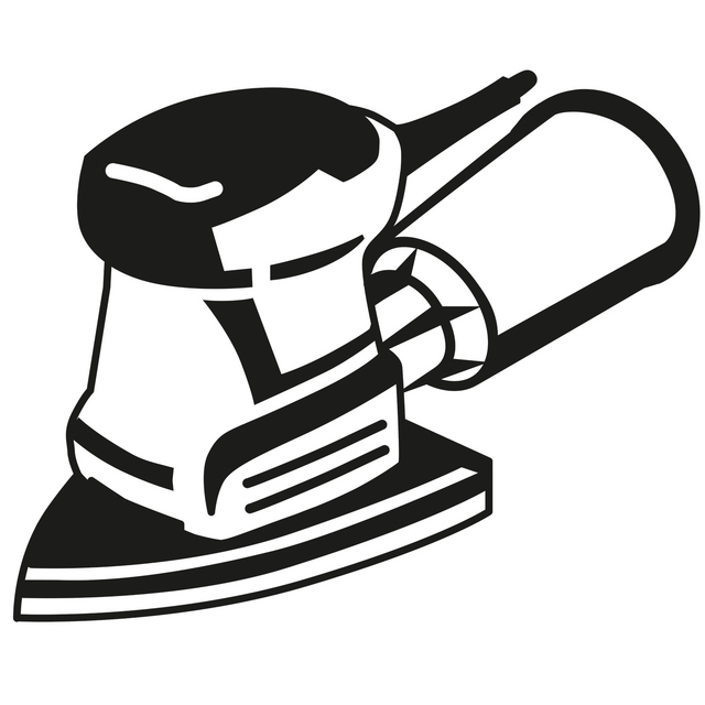 Illustration av en excenterslipmaskin med ett handtag och en dammpåse.